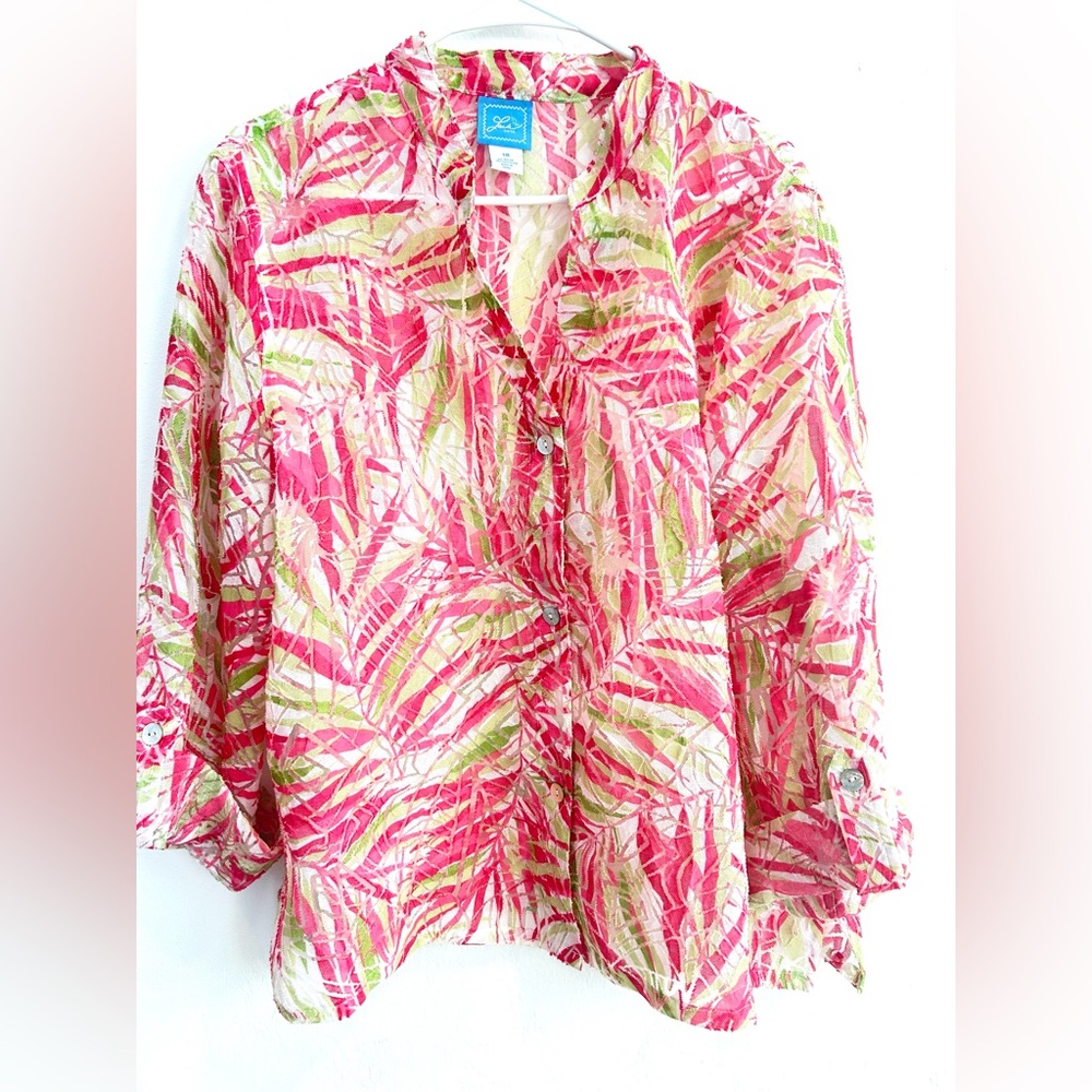 Lara Lane Multicolor Semi Sheer 3/4 Sleeve Button Up Blouse
